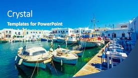  Presentation with boats - Beautiful presentation design featuring parked-boats-in-the-harbor backdrop and a teal colored foreground