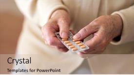  Presentation with medication - Colorful slide deck enhanced with parkinsonism - senior woman about to take backdrop and a soft green colored foreground