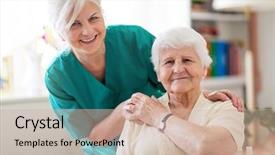  Presentation with caregiver - Presentation theme featuring parkinsonism - senior woman with her female background and a soft green colored foreground