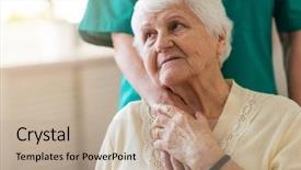  Presentation with caregiver - Slide set enhanced with parkinsonism - senior woman with her female background and a coral colored foreground