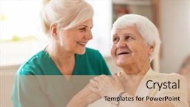  Presentation with caregiver - Presentation design with parkinsonism - senior woman with her female background and a coral colored foreground