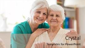  Presentation with caregiver - Presentation theme enhanced with parkinsonism - senior woman with her female background and a coral colored foreground