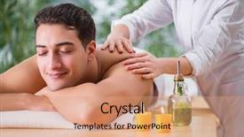  Presentation with reflexology foot massage spa foot - PPT theme consisting of parlor - handsome man during spa massaging background and a coral colored foreground