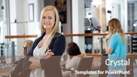  Presentation with customers - Amazing PPT theme having parlor standing arms cross backdrop and a violet colored foreground