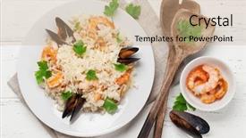  Presentation with shrimps - Colorful presentation design enhanced with delicious seafood risotto with shrimps backdrop and a coral colored foreground