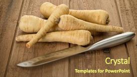  Presentation with wood rustic urban furniture - Beautiful PPT theme featuring parsnips roots and chefs knife backdrop and a tawny brown colored foreground