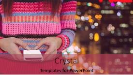  Presentation with buildings - Colorful slide deck enhanced with part of a woman texting against buildings in background backdrop and a red colored foreground