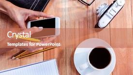  Presentation with smartphone - Slide deck with part of hands typing on smartphone on wooden desk background and a coral colored foreground