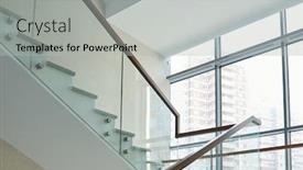  Presentation with new office - PPT theme having part-of-staircase-with-railings background and a light gray colored foreground