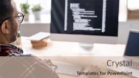  Presentation with computer software - Presentation theme with part-of-young-male-software background and a soft green colored foreground