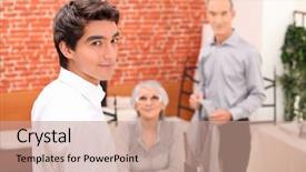  Presentation with leave - Amazing theme having part time work - young man looking over his backdrop and a  colored foreground