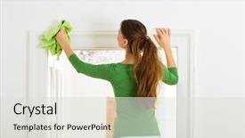  Presentation with cleaning day - Beautiful PPT theme featuring young woman cleaning at home backdrop and a sky blue colored foreground