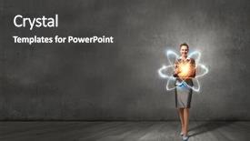  Presentation with atom - Theme enhanced with particle physics - woman scientist presenting atom research background and a dark gray colored foreground