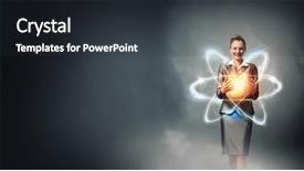  Presentation with atom - Beautiful presentation theme featuring particle physics - woman scientist presenting atom research backdrop and a dark gray colored foreground