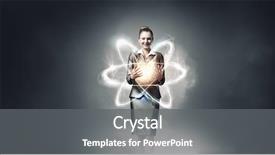  Presentation with particle - Amazing PPT theme having particle physics - woman scientist presenting atom research backdrop and a gray colored foreground