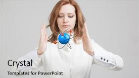  Presentation with physics atom - Colorful slide deck enhanced with particle physics - woman scientist with atom model backdrop and a light gray colored foreground