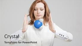  Presentation with particle - Slide deck featuring particle physics - young woman scientist with model background and a light gray colored foreground