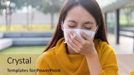  Presentation with young woman wearing boxer gloves - Slide set consisting of particulate air pollution - young woman want to vomit background and a  colored foreground