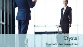  Presentation with suitcase - Cool new PPT theme with partner after arrival in airport backdrop and a sky blue colored foreground