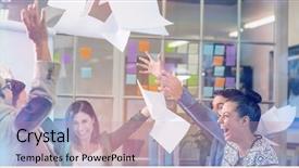  Presentation with group - Slide deck with group of business people celebrating background and a soft green colored foreground