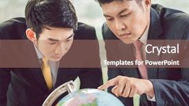  Presentation with business partner - Cool new slides with partner looking seriously at globe backdrop and a coral colored foreground