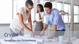  Presentation with important - Slide set having partner work - architects looking at important blueprints background and a sky blue colored foreground