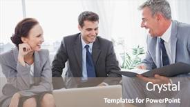  Presentation with meeting - Slide set consisting of partner work - business people laughing while having background and a  colored foreground
