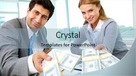  Presentation with partners - Amazing slide set having partners at workplace giving money backdrop and a light blue colored foreground