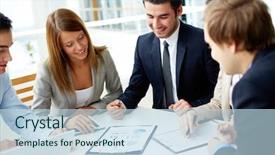  Presentation with partners - Slide deck with partners discussing documents at meeting background and a sky blue colored foreground