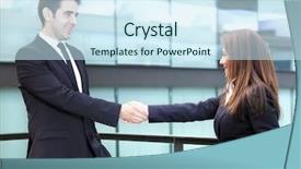  Presentation with shaking hands - Theme featuring capturing the moment pleasant upbeat colleagues sitting in the cafe discussing work documents and taking a quick break to take a selfie together background and a light gray colored foreground.