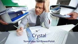  Presentation with financial reports - Slide set featuring much work - perplexed accountant looking at huge background and a sky blue colored foreground