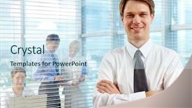  Presentation with team leader - Colorful PPT theme enhanced with partners working in office backdrop and a sky blue colored foreground