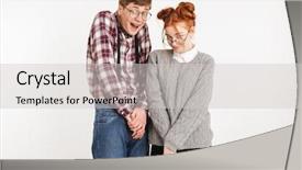  Presentation with couple - Audience pleasing slide set consisting of partnership schools - shy couple of school nerds backdrop and a light gray colored foreground