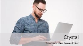  Presentation with photo - Audience pleasing presentation design consisting of parts computer - photo of concentrated young bearded backdrop and a light gray colored foreground