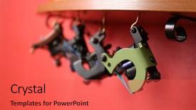  Presentation with ship machine parts - Theme enhanced with hanging on wooden shelf close background and a red colored foreground