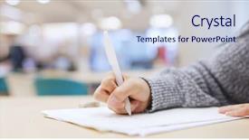  Presentation with note - Cool new PPT theme with parts research - student taking note on paper backdrop and a sky blue colored foreground