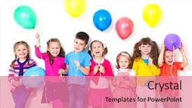  Presentation with balloons - PPT layouts consisting of party - big group of happy children background and a coral colored foreground