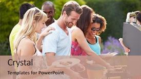  Presentation with outdoor party - PPT theme featuring party - group of friends having outdoor background and a coral colored foreground