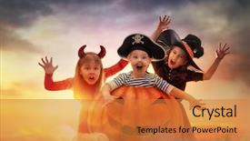  Presentation with happy kids - Slides enhanced with party - happy brother and two sisters background and a gold colored foreground