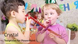 Presentation with happy birthday - Audience pleasing theme consisting of party blowers at birthday backdrop and a  colored foreground