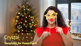  Presentation with party lights - Presentation design with party celebration and holidays concept - funny woman with star shaped glasses and red lips over christmas tree lights on home background background and a tawny brown colored foreground