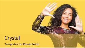  Presentation with curly hair - Slide set having party dress smiling doing frame background and a yellow colored foreground