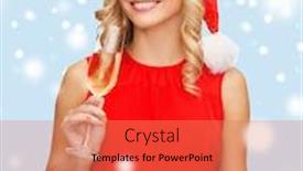  Presentation with christmas party - Audience pleasing presentation theme consisting of smiling woman in red dress backdrop and a coral colored foreground