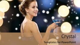  Presentation with cocktail party - Cool new slides with party drinks holidays christmas and people concept - smiling woman in evening dress holding cocktail over night lights and snow background backdrop and a coral colored foreground