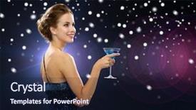  Presentation with cocktail party - Presentation theme with party drinks holidays christmas and people concept - smiling woman in evening dress holding cocktail over night lights and snow background background and a wine colored foreground