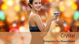  Presentation with cocktail party - Presentation theme with party drinks holidays luxury and celebration concept - smiling woman in evening dress holding cocktail over red lights background background and a yellow colored foreground