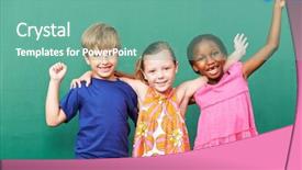  Presentation with children grow - Slide deck with party game - cheering happy group of children background and a seafoam green colored foreground