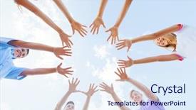  Presentation with stretching - PPT layouts having party game - hands of young people stretching background and a sky blue colored foreground