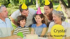  Presentation with extended family - Cool new slide set with cheerful extended family wearing party backdrop and a yellow colored foreground