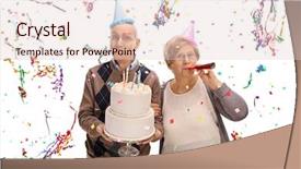  Presentation with senior couple - Cool new slide deck with party hats celebrating a birthday backdrop and a lemonade colored foreground